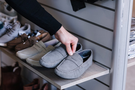 Hand of human taking gray moccasins from the shelf in clothes storeの写真素材