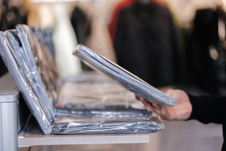 Close-up of human hand take goods from the shelf in clothes storeの写真素材