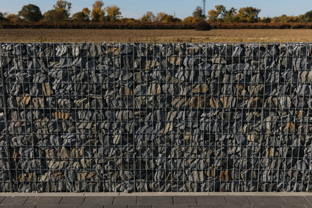 The crushed stone is fixed in the mesh. A fence made of natural stone, crushed stone, granite.の写真素材