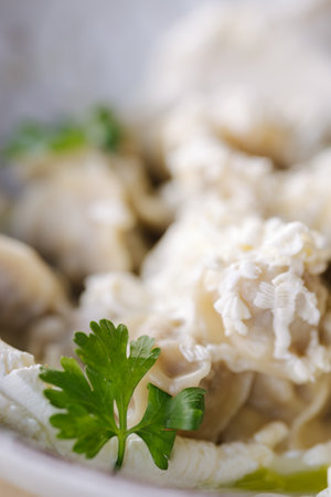 Dumplings with sour cream and butter. Traditional food. Macro photoの写真素材