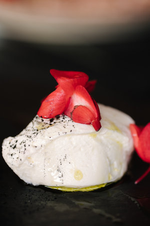 Curd spread served with a sprig of fir tree, parsley and an edible flowerの写真素材