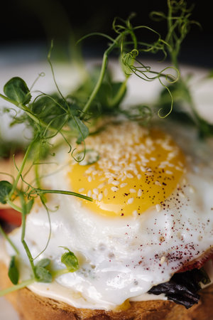 Close-up of delicious breakfast sandwich with salad, cheese and fried egg on topの写真素材