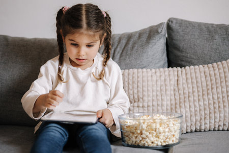 Cute little girl using tablet at home. Four year girl play games on tablet and eating popcorn. Home moodの写真素材