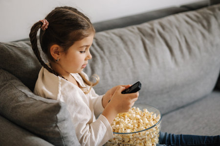 Cute little girl using remote controller of TV and watching cartoons. Four year girl eating popcorn...