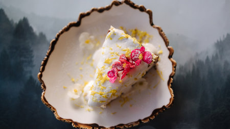 Top view of cheesecake with sweet cream sauce and lemon zest, decorated with an edible pink flowerの写真素材