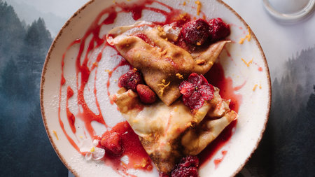 Top view of homemade crepes, tasty thin pancakes with strawberry jam on wooden tableの写真素材