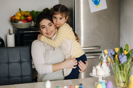 Little girl hug her mom during they painting easter eggs on kitchenの写真素材