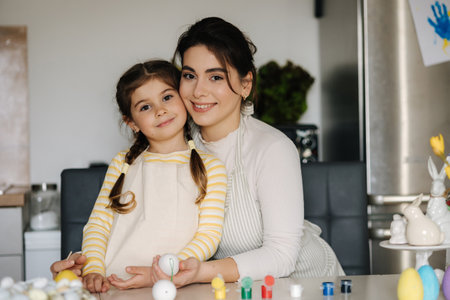 Portrait of adorable little girl with mom on kitchen. Beautiful woman help her daughter paint easter eggsの写真素材