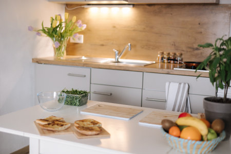 Bright kitchen with different ingredients. Interior of kitchen. No peopleの写真素材