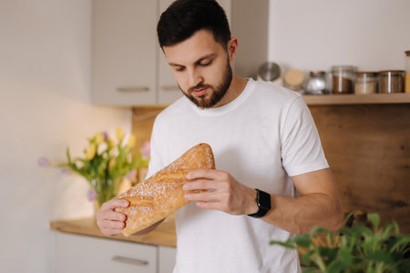 Handsome bearded man smell a freshly baked baguette. Home food conceptの写真素材