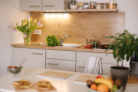 Bright kitchen with different ingredients. Interior of kitchen. No peopleの写真素材