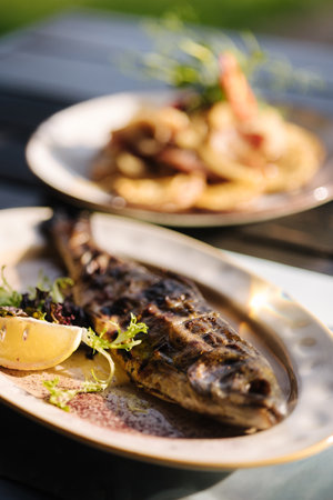 Baked seabass fish in the oven served with slice of lemon and pea sproutsの写真素材