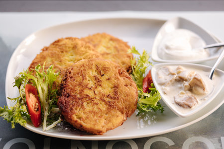 Fried grated potatoes served with mushroom sauce and sour cream. Tasty Ukrainian dishの写真素材