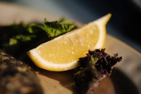 Little piece of lemon on plate with sea foodの写真素材