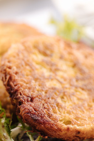 Macro photo of fried grated potatoes served with mushroom sauce and sour cream. Tasty Ukrainian dishの写真素材