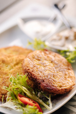 Fried grated potatoes served with mushroom sauce and sour cream. Tasty Ukrainian dishの写真素材