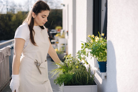 Attractive woman start landing on balcony. Young female in light striped overalls plantingの写真素材