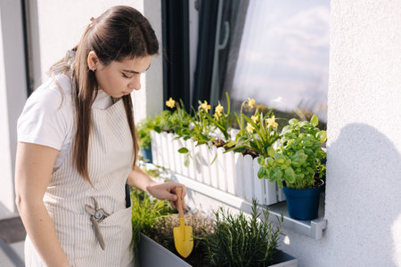 Smiled young female creating garden at balcony. Woman using a small spade to plant. Starting for landingの写真素材