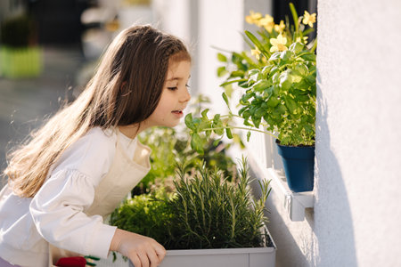 Cute little girl sniffs basil leaves on balcony. Portrait of adorable girl gardening outdoorsの写真素材