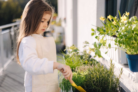 Cute little girl starting for landing on balcony. Side view of four year old girl use small shovel for soilの写真素材