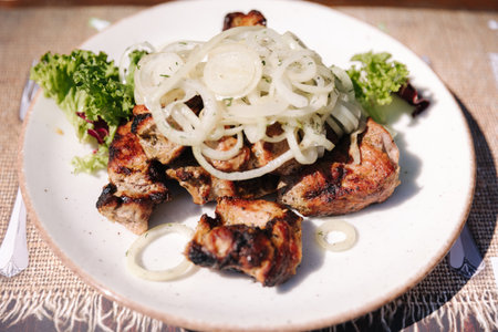 Ukrainian traditional meat, shashlik with sliced onion and sprinkled with vinegarの写真素材