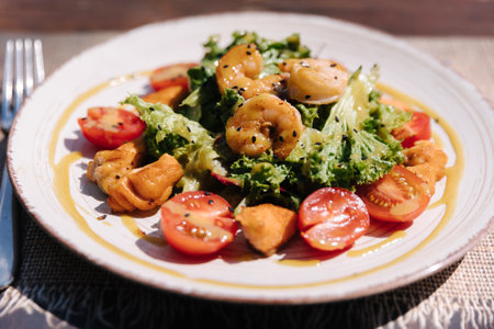 Warm salad with shrimps and salmon, sauce and parmesan on top. Healthy food outdoorの写真素材