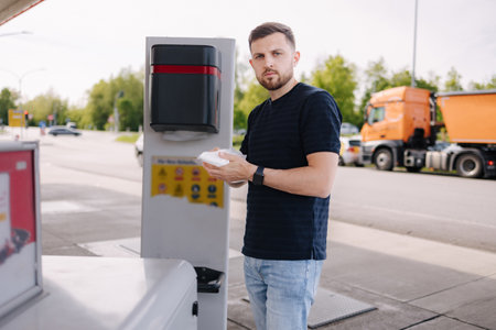 Young man wipes his hands with a wet napkin after refuelling car on gas stationの写真素材