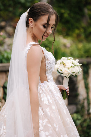 Portrait of gorgeous bride in wedding dress standing outdoors. Beautiful bride in elegant dressの写真素材