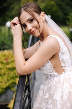 Portrait of attractive bride in gorgeous wedding dress. Elegant woman with evening makeupの写真素材