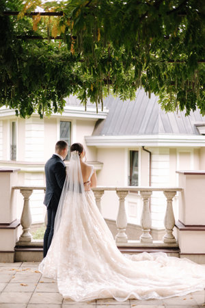 Back view of newlyweds stand on balcony. Groom and bride look to the castleの写真素材