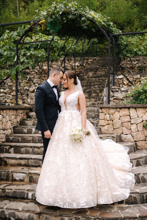 Happy newlyweds walking in the big park together. Handsome groom an elegant bride at their wedding dayの写真素材