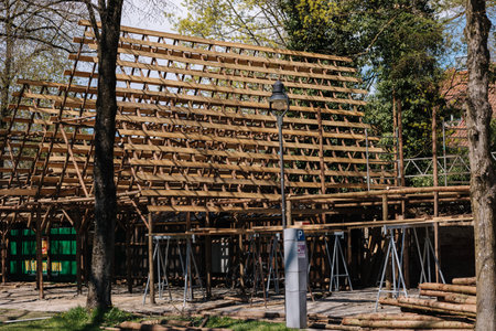 Process of building wooden house in forest. Rustic old houseの写真素材