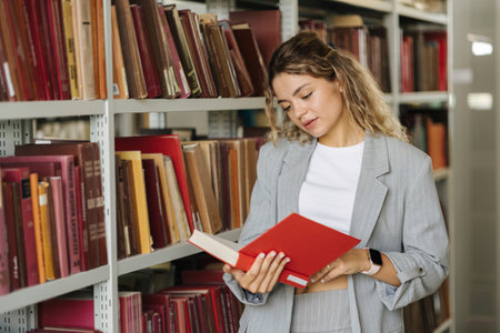 Attractive blond in stylish female suit hold red book and look through. Female looking for book in public libraryの写真素材