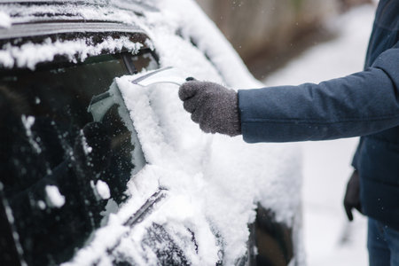 Close up of man is cleaning snowy window on a car with snow scraper. Focus on the scraper. Cold snowy and frosty morning. Black carの写真素材