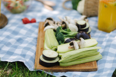 Slised vegetables on wooden board outside. Fresh vegetables outdoors on checkered napkin. Zucchini,...