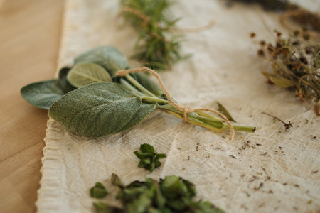 Macro photo of sage leaves on a linen tablecloth. Herbs preparation. Autumn moodの写真素材