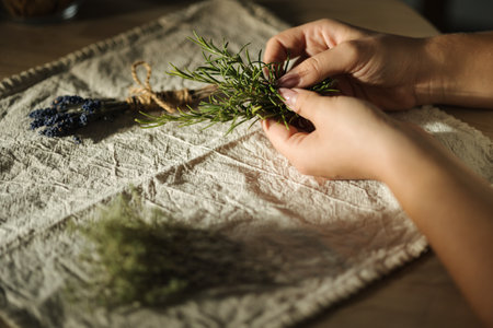 Female hand uses natural twine to tie rosemary sprigs. Preparing fresh herbs for drying and spice useの写真素材