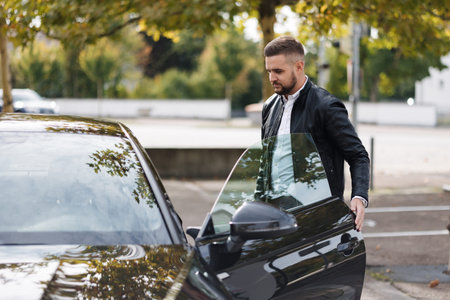Handsome bearded guy opens a door of his luxury car on parking. Man finish work and drives home