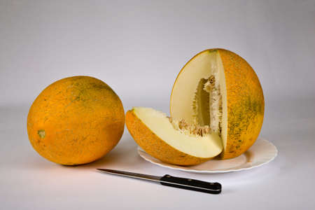 Ripe, yellow melon on a white backgroundの写真素材
