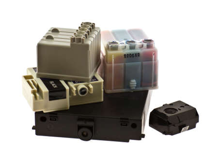 Different cartridges to jet printers on a white backgroundの写真素材
