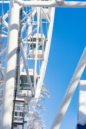 White ferris wheel surrounded by snow-covered trees on a clear winter day. Bright blue sky, seasonal city park, festive atmosphere, travel and leisure conceptの写真素材
