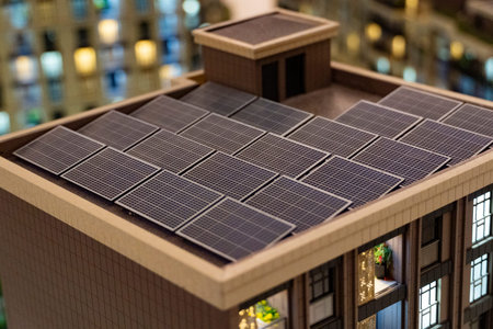Detailed scale model of modern apartment building with balconies and rooftop terraces. Real estate...