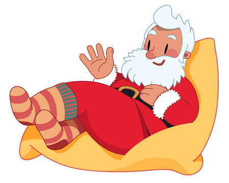 Waiving Santa Claus lying on the yellow poufのイラスト素材