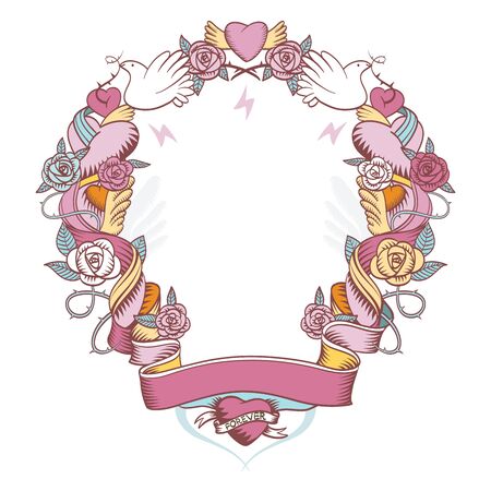 Pink vignette weaved with roses and hearts, perfect for greeting cards and wishesのイラスト素材