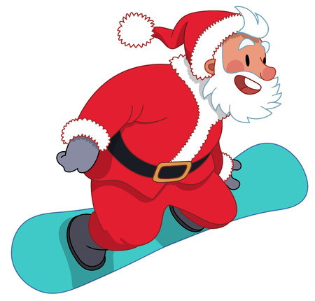 Santa Claus flying on the blue snowboard, flat cartoon illustrationのイラスト素材