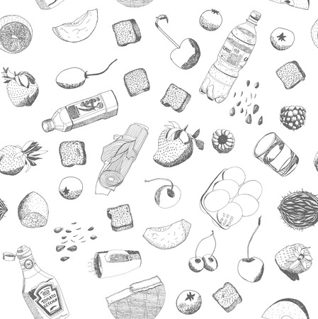 Hand drawn vector food and kitchen stuff seamless pattern, outlined elements are ready to be recolored.のイラスト素材