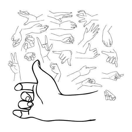 The vector illustrated set of outlined hand drawn hands with various gestures,, part 3のイラスト素材