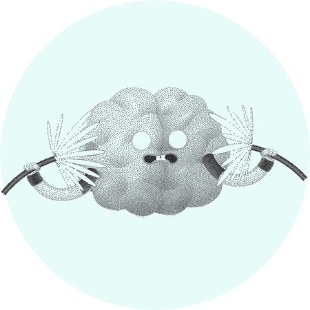 Shocked brain holding two sparking electrical cables dotted cartoon illustration - train your brain series. Part of the Brain collection.のイラスト素材
