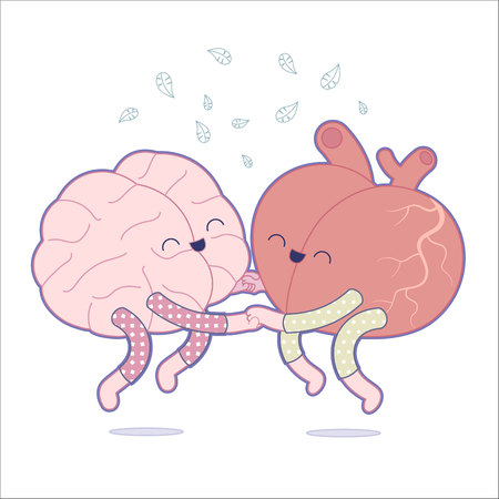 Pajama party - the outlined vector illustration of a brain and a heart wearing pajamas jumping together holding their hands. A part of Brain collection.のイラスト素材