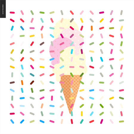 Pink and vanilla Ice cream cone and pattern - cartoon flat vector illustrated cartoon ice cream cone and pink fruit and yellow vanilla scoops with, with twisted geometric colorful pattern of sprinklesのイラスト素材